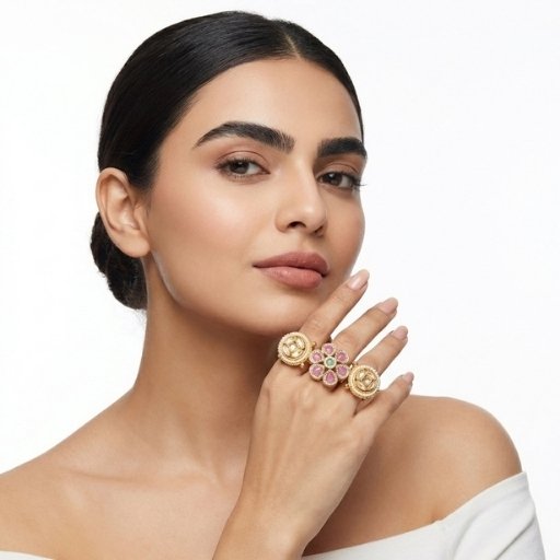 Gold Plated Kundan Floral Ring for Women | Adjustable Statement Ethnic Finger Ring with Multicolor Stones