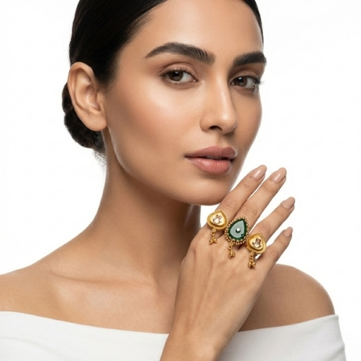 Gold Plated Kundan Green Stone Statement Ring for Women | Adjustable Ethnic Finger Ring with Dangling Details