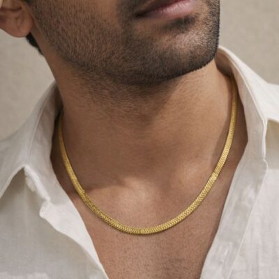 Gold-Tone Chevron Weave Herringbone Chain Necklace | Sleek Textured Flat Link Choker for Men & Women | 18K Gold Plated Minimalist V-Pattern Chain | Modern Liquid Gold Jewelry Gift