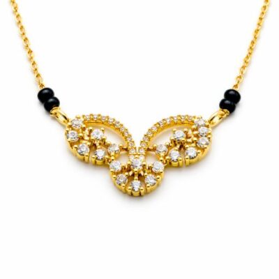 Celebrate a bond that is both eternal and transformative with this stunning gold-toned Mangalsutra. Featuring a poetic butterfly-inspired silhouette, this piece reimagines a sacred tradition with artistic flair and high-wattage radiance.