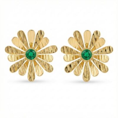 Infuse your look with the vibrant spirit of spring with these exquisitely crafted gold-toned earrings. Combining a playful botanical silhouette with the regal allure of emerald-green tones, these studs are a fresh and sophisticated tribute to nature’s beauty.