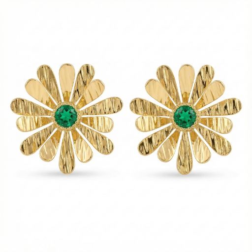 Infuse your look with the vibrant spirit of spring with these exquisitely crafted gold-toned earrings. Combining a playful botanical silhouette with the regal allure of emerald-green tones, these studs are a fresh and sophisticated tribute to nature’s beauty.