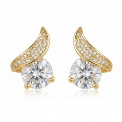 Exude effortless glamour with this strikingly modern take on the classic diamond stud. Combining a high-wattage solitaire focal point with a fluid, pavé-set "wave" motif, these gold-toned earrings offer a sophisticated blend of movement and light.