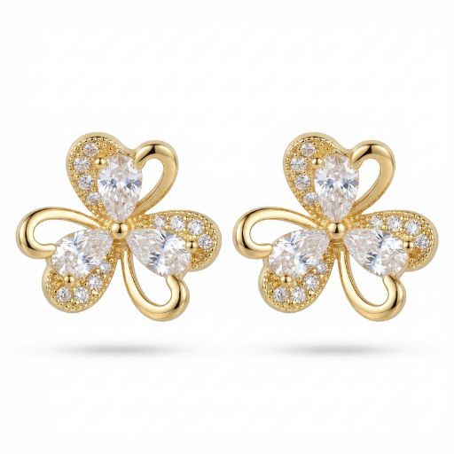 Celebrate a life of luck and beauty with these intricately detailed gold-toned studs. Designed with a poetic floral silhouette, these earrings combine the charm of a three-leaf clover with the high-wattage sparkle of fine-jewelry craftsmanship.