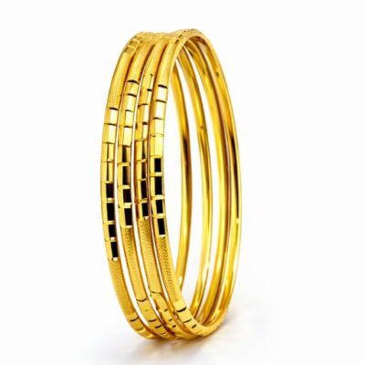 Elevate your wrist stack with a masterclass in textural contrast. This set of four gold-toned bangles features a rhythmic interplay of finishes, blending the understated elegance of matte frosting with the high-octane brilliance of polished gold.