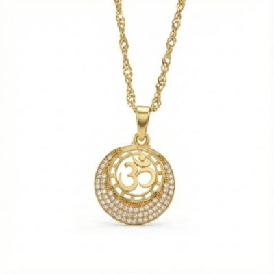Embrace the primordial sound of the universe with this masterfully crafted gold-toned pendant. This piece artfully integrates the sacred Om symbol within a celestial framework, combining traditional devotion with a sophisticated, high-jewelry aesthetic.