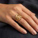 Embrace the peak of contemporary sculptural design with this impeccably crafted gold-toned ring. Featuring a masterclass in organic fluidity and linear symmetry, this piece offers a bold, "fan-like" silhouette that serves as the ultimate expression of modern, airy elegance.