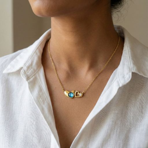 Embrace the peak of contemporary romantic design with this impeccably crafted gold-toned necklace. Featuring a masterclass in asymmetrical harmony and vibrant light-play, this piece offers a sophisticated "dual-heart" silhouette that serves as a radiant expression of connection and modern elegance.
