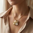 Elegant Gold-Tone Multi-Texture Square Pendant Necklace | Geometric Four-Quadrant Medallion with Crystals & Cat's Eye Stone | Adjustable Snake Chain Jewelry for Women