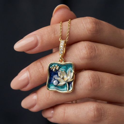 Vintage-Style Enamel Lotus Flower Pendant Necklace | Hand-Painted Teal & Blue Floral Medallion with Pearl Accent | 18K Gold Plated Botanical Jewelry for Women | Nature-Inspired Gift