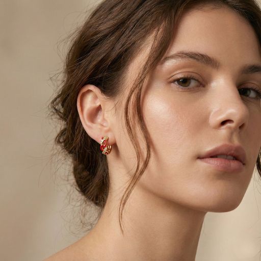 Chic Red Enamel & Gold Twist Huggie Earrings | Intertwined Braided Hoop Earrings with Sparkling Zirconia | Elegant Bold Fashion Jewelry for Women | 14K Gold Plated Small Hoops