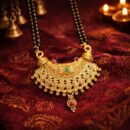 Antique Gold-Tone Chandbali Mangalsutra Necklace | Traditional Crescent Filigree Pendant with Black Beads | Ethnic Indian Bridal Jewelry with Ruby & Emerald Accents | Festive Statement Neckpiece