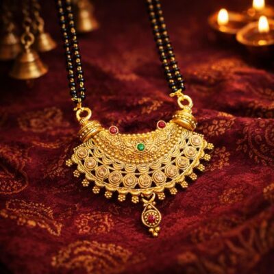 Antique Gold-Tone Chandbali Mangalsutra Necklace | Traditional Crescent Filigree Pendant with Black Beads | Ethnic Indian Bridal Jewelry with Ruby & Emerald Accents | Festive Statement Neckpiece