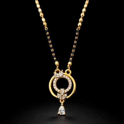 Combining modern geometry with sacred tradition, this gold-toned Mangalsutra features a striking nested-circle design that offers a sophisticated and radiant take on a timeless symbol.