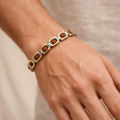 Sacred Rudraksha Gold & Silver Dual-Tone Bracelet | Hand-Picked Rudraksha Beads in Stainless Steel Box Chain | Spiritual Protection Jewelry for Men | Religious Yoga & Meditation Wristband Gift
