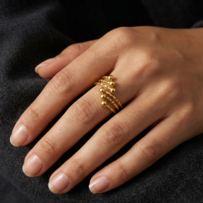 Embrace the peak of contemporary stacking design with this impeccably crafted gold-toned wrap ring. Featuring a masterclass in texture and rhythmic symmetry, this piece offers a sophisticated "pre-stacked" silhouette that serves as a radiant expression of modern, layered elegance.