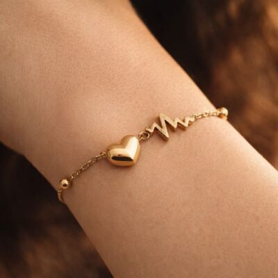 Gold Heartbeat EKG Life Line Bracelet | 18K Gold Plated Dainty Heart Charm Bracelet | Romantic Symbolism Jewelry for Women | Heart Health & Love Inspired Gift for Doctors, Nurses, or Her